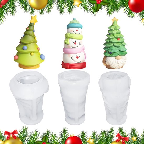 vorm kerstkaarsen, 3 stuks 3D-siliconen vormen, gietvormen Kerstmis, kaarsvormen om te gieten, kaarsvormen, siliconen kerstboom, siliconen vorm, dennenboom voor kaars, zeep