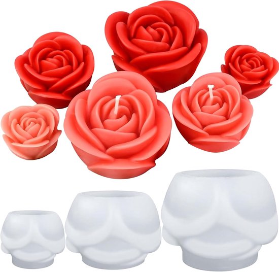 vorm roze kaarsvormen siliconen bloemen, 3 stuks bloem siliconenvormen, 3D-rozenbloesem, fondant, siliconenvormen voor zeep, kaarzen, taart, bloemenvormen voor chocolade, snoep, gebak