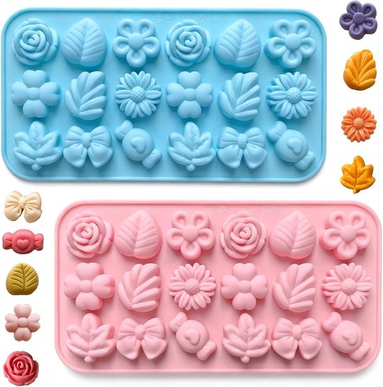 Vormen, 2 stuks multifunctionele siliconen vormen voor kaarsen, bloemen, 3D, chocolade, fondant en decoratie van taarten, cupcakes, snoep, bakgereedschap, doe-het-zelf, blauw + roze
