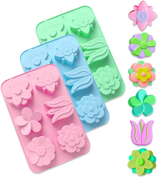 vormen, 3 stuks, zeepvormen, siliconen, bloemen | siliconen vorm, non-stick, herbruikbaar, voor doe-het-zelf handwerk, kaarsen, chocolade, snoep, ijsblokjes, cake, gelei