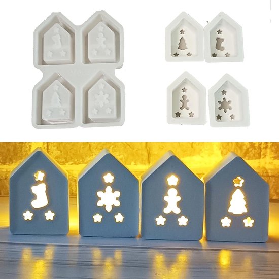 Vormen gietvormen huizen, 4 stuks siliconen mal huis Kerstmis mini siliconen vorm huizen gips om te gieten siliconen vormen huizen gietvormen siliconen kerst siliconen vorm kaarshouder (A)