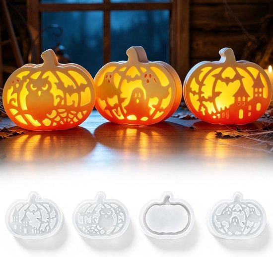 Vormen Halloween pompoen, 4 stuks siliconen mal pompoen met helloween elementen patroon, gietvormen siliconen Halloween, siliconen mal herfst, gipsvormen om te gieten voor doe-het-zelf