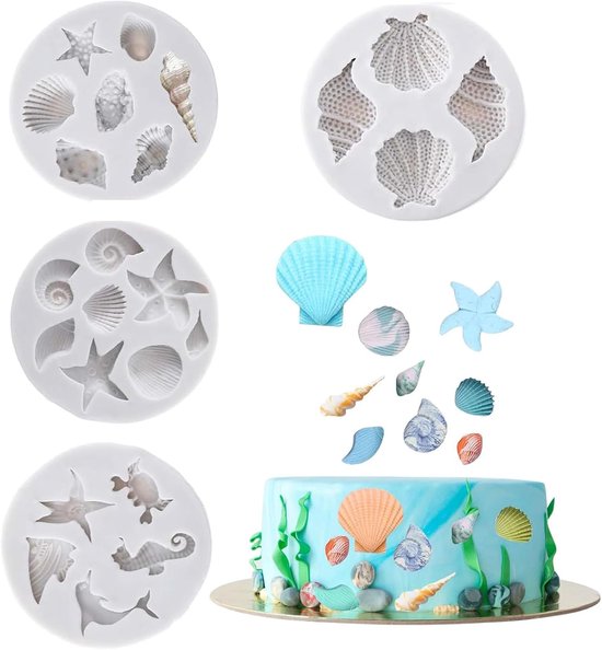 Vormen om te gieten, 4 stuks siliconen gietvormen, zeemotief, schelp, fondantvormen, kaarsvormen, siliconen vormen, gietvormen voor doe-het-zelf decoratie, waterdieren zelf maken