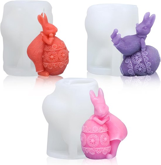 vormen voor Pasen, 3 stuks, siliconen vorm, kaarsvorm, siliconen gietvormen, siliconen gietvormen, siliconen vorm om te gieten, Pasen, haas, 3D-hazen, kaarsgietvorm, siliconen kaarsen voor