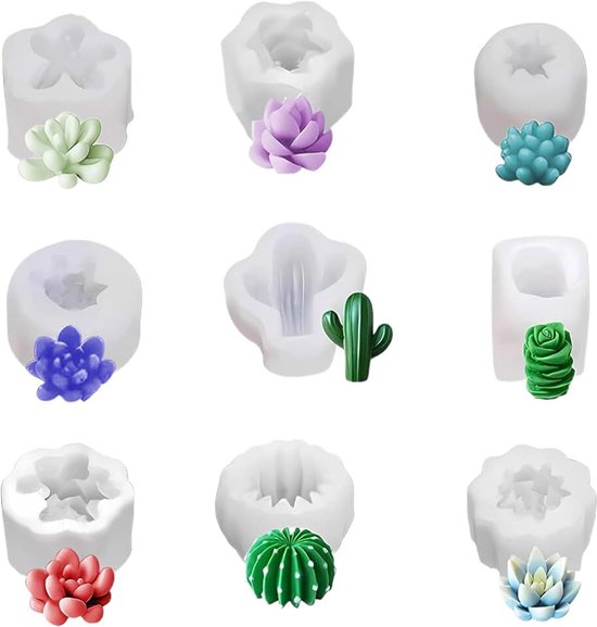 vormen voor vetplanten, set van 9 stuks, kaarsvorm, siliconen, cactusvorm, 3D-siliconenvorm voor aromatherapie, kaarsen, taartdecoratie, zeep