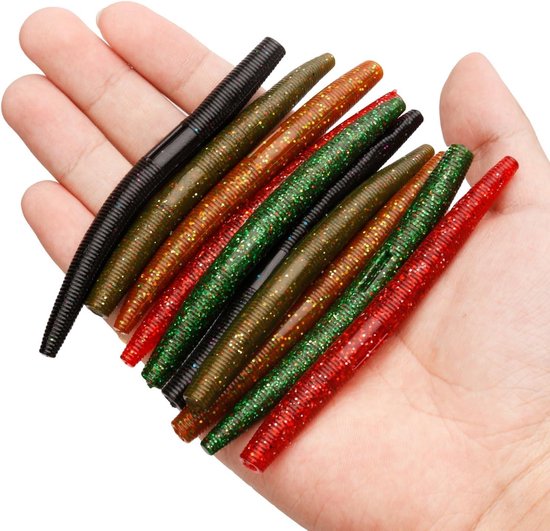 Wacky Worm Kunstaas - Zeebaar Rubberen Stok Aas - Zacht Plastic - 10cm - 30st - 5 Kleuren - Voor Zeebaar Zoetwater Zoutwater Vissen. van Merkloos