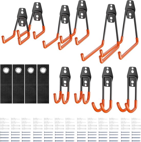 Wall Hooks - Heavy Duty Double Hooks for Garage Organization - 10 Pcs Orange Hooks with Lead Belts and Screws van Merkloos