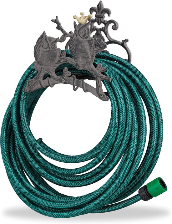 wandslanghouder, uil, van gietijzer, wandmontage, HxBxD 23 x 24 x 15 cm, tuinslanghouder muurbeugel, grijs