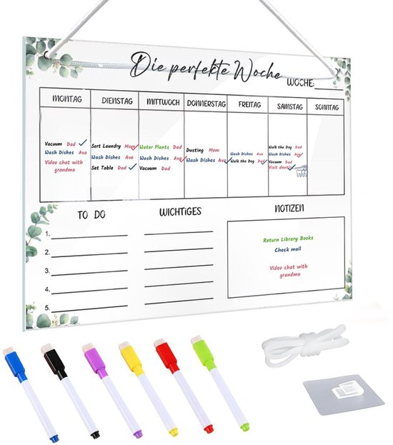 Weekplanner afveegbaar, wekelijkse planner magnetisch acryl, wekelijkse voedingsplanner, 30 x 20 cm, whiteboard met 6 wissermarkers, 1 haak, wit koord, weekplannerbord