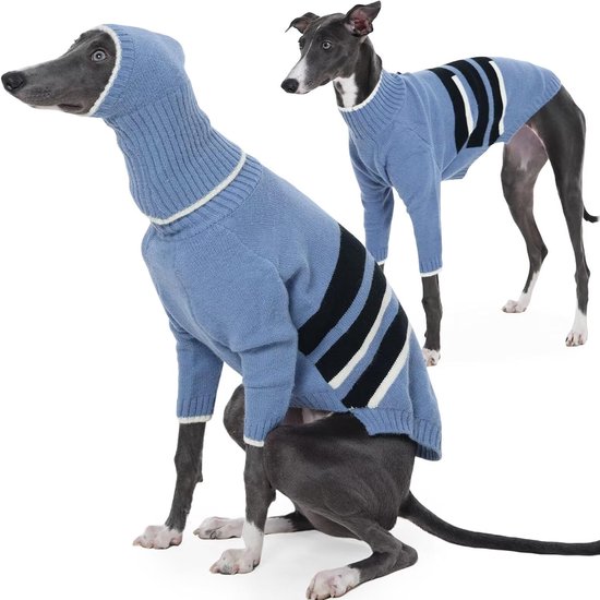 Whippet trui met snood, warme Lurcher trui, Whippet trui met rolkraag, rekbare gebreide trui, thermische hondenkleding pyjama jumpsuit voor koud weer, kleding voor Italiaanse windhond, blauw