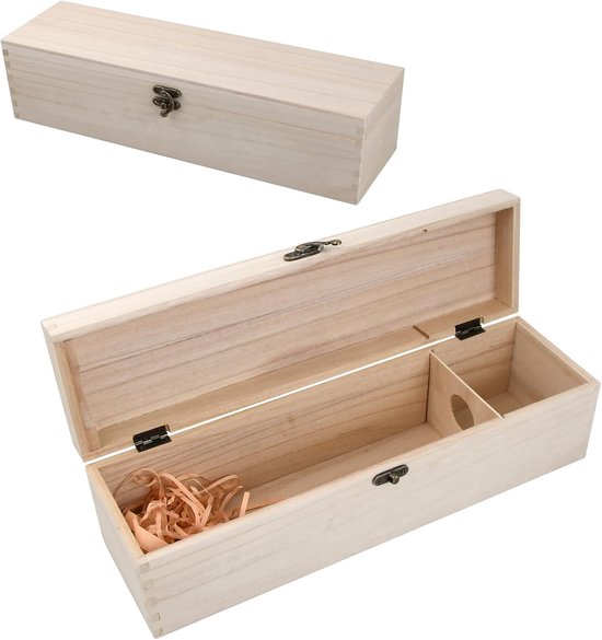 Wijnkist van hout met deksel, 1 fles, wijngeschenken, houten kist, houten opbergdoos, houten koffer, geschenkdoos zonder binnenindeling, wijndoos voor feest, verjaardag, housewarming, 35 x 10 x 10 cm