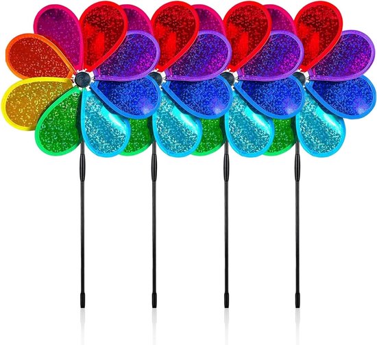 Windmolens voor Buiten - Set van 4 Stuks, Kindvriendelijke Decoratie, 30 cm Hoogte, Achtbladige Sequins, Tuinaccessoires, Balkonversiering, Totale Hoogte 71 cm