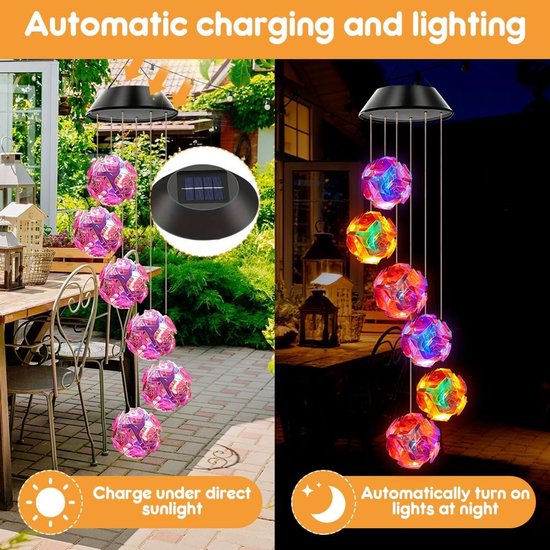 Windspel op zonne-energie, voor in de tuin, 6 leds, wisselende kleuren, moederdagcadeau voor balkon, decoratie, weerbestendig, buiten, hangend, terrasdecoratie, tuinlamp, tuinlamp voor boom