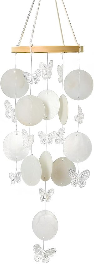 Windspel, vlinder-schelp, windgong, boho-decoratie, dromenvanger, parelmoer, windgong, tuindecoratie, schelp, ketting, slinger, decoratie voor raam, woonkamer, tuin, kamer, terras en balkon, wit
