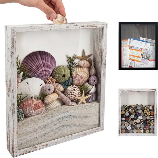 Wit 3D Fotolijst Schaduwbox met Sleuf 11x14(28x35cm), Wijnkurk Tickets Schelpen Objectframe Herinnering Opbergdoos Vitrinekast