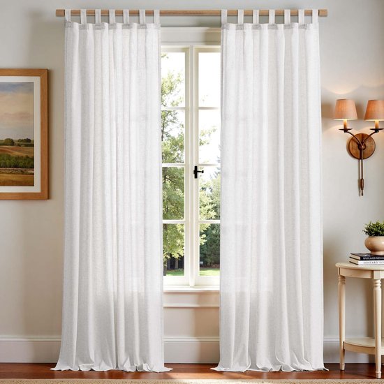 Witte gordijnen met lussen, linnen gordijnen voor woonkamer, slaapkamer, ramen, lichtdoorlatend, lichtfiltering, boerderij, landhuisstijl, gordijn, keuken, set van 2, 140 x 245 cm (b x h)
