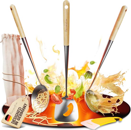 Wok bestek: wok spatel, pollepel en schuimspaan van hoogwaardig roostervrij staal, vaatwasmachinebestendig, incl. siliconeespapel en rotantas