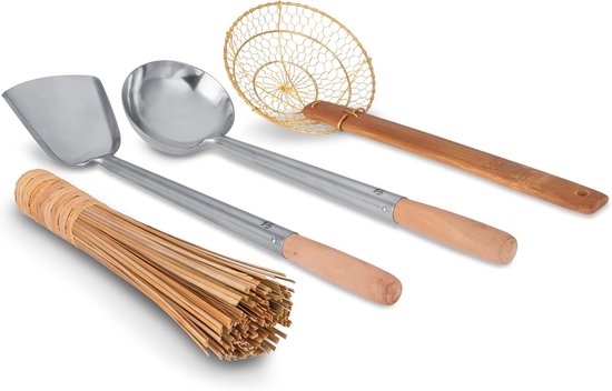 Wok Tools 4-delige set: Pollepel, Spatel, Zeef, Bamboe borstel/Gereedschap Traditioneel Aziatisch Kookgerei met houten handgrepen / 732W9
