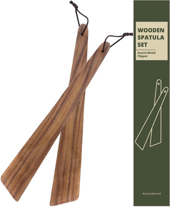 Wood 30,5 cm Acaciahouten spatel om te koken, kleine houten flipper, anti-aanbakspatel, eierschraper, multifunctionele spatels voor flippen, serveren, schrapen en draaien (set van 2)