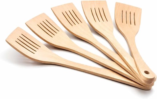 World - 5x Houten spatel met gleuven 31 x 7 cm – Beukenhouten spatel voor antiaanbakpannen, keukenspatel met ophanggat