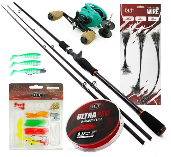 X2 Terminator Baitcaster Set - Baitcaster hengel & reel - Gevlochten Lijn - Staaldraadjes - Softbaits van Merkloos