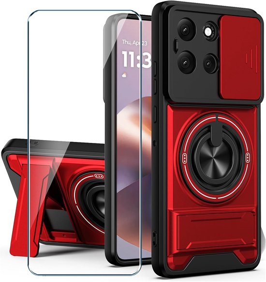 Xiangyun Beschermhoes voor Motorola Moto G86 5G (6,67 inch) met gehard glas, militaire stootvaste beschermhoes met schuifcamera-afdekking en 360° metalen ringhouder, rood