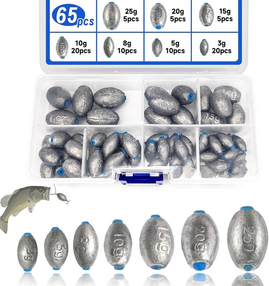 XSHAO® 65 stuks vislood, gewicht, perzikolijflood, 3 g/5 g/8 g/10 g/15 g/20 g/25 g, met opbergdoos voor zeevissen - ShopVlot