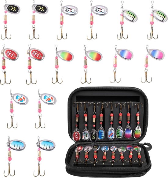 Ynkkvre - Kunstmatige Aas Spinner Set - 16-delige Kunstmatige Aas Spinner Vissen - Pailletten Kunstmatige Aas met Opbergdoos - Voor Forel, Baars, Snoekbaars, Zalm, Snoek, Walleye van Ynkkvre