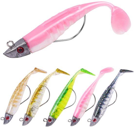 Ynkkvre-Rubberen Vissen Set – 5 Stuks Kunstmatige Aas met Jigkop – Rubber Aas voor Forel, Snoekbaars, Baars – Zoet- en Zoutwater – Vissen Hengelsport Cadeau van Ynkkvre