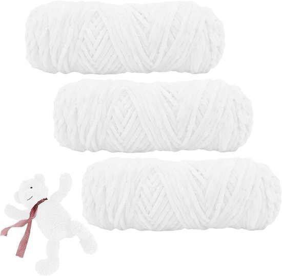 Zachte Chenille Wol voor Haken en Breien, 3 Rollen van 100g, Ideaal voor Babyprojecten en Creatieve Handwerken, Wit van Merkloos