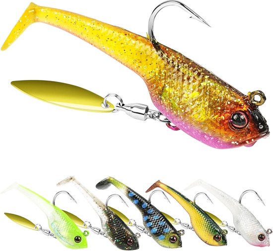 Zachte swimbaits voor het vissen, 6 unieke lures met draaiende lepel, kleurrijke aas voor snoek, forel, baarzen en zalm