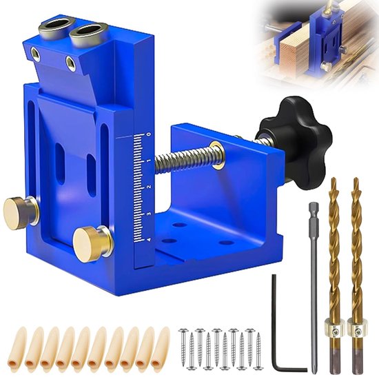 zakgatboorsjabloon voor houten pluggen, blauw schuin gat boorsjabloon, meubelbouw, zakgatmalset, pluggenhulp, boorhulp, met 2 stuks 9 mm boren schuine boormachine