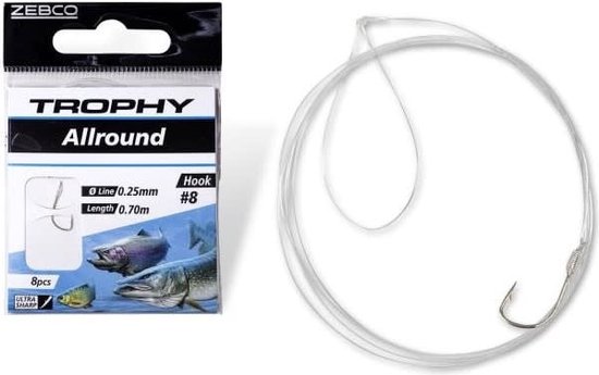 Zebco Trophy Allround Hook-to-Nylon 70cm (8 pcs) Hook Silver - Maat : 4 van Zebco