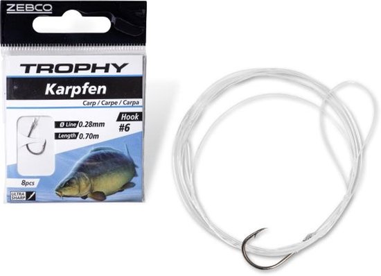 Zebco Trophy Carp Hook-to-Nylon 70cm (8 pcs) Hook Black - Maat : 2
