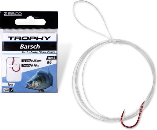 Zebco Trophy Perch Hook-to-Nylon 70cm (8 pcs) Hook Red - Maat : 4 van Zebco