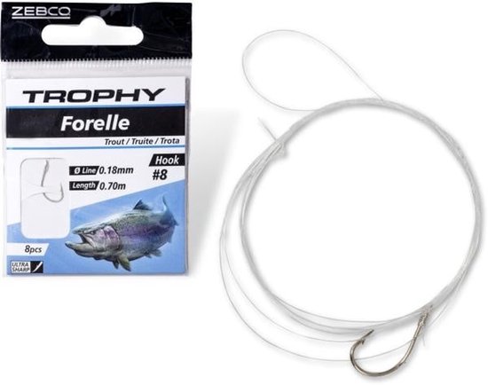 Zebco Trophy Trout Hook-to-Nylon 70cm (8 pcs) Hook Silver - Maat : 8
