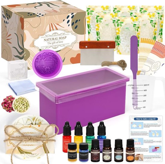 Zeepmaakpakket - DIY Zelf Zeep Maken Set met 1,5 kg Zeepbasis, 4 Geuren, 4 Kleuren, 2 Siliconen Zeepvormen - Zelfmaak DIY Zeepset voor Beginners & Volwassenen