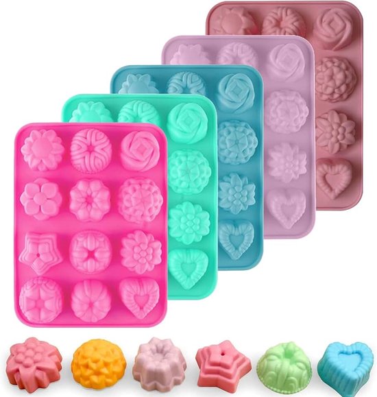 Zeepvormen van siliconen, 5-delige handgemaakte zeepvorm, 12 holle ruimtes, zeepvormen om te gieten, zeepvormen, geschikt voor doe-het-zelf handgemaakte zeep, chocolade, jelly (5 kleuren)
