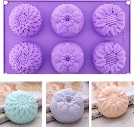 Zeepvormen van siliconen, 6 holle gietvormen, badbommenvormen, handgemaakte zeepvorm, siliconen vorm zeep, bloemen, zeepvormen, set voor doe-het-zelf zeep, gelei, chocolade, cake