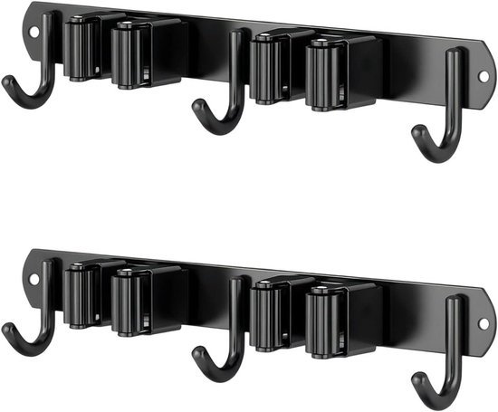 Zelfklevende bezemhouder voor muur - 2 stuks roestvrij staal, zwart - ideaal voor dweilen, schoonmaken en opbergen - inclusief haaklijsten met clips en haken