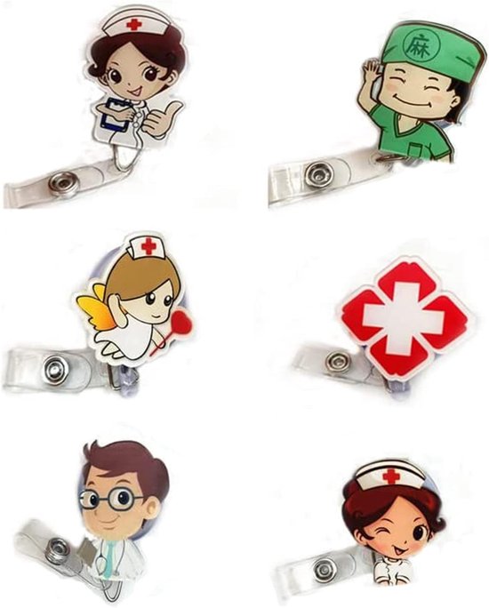 Zes stuks retractable badge reel houder, badge clips voor verpleegkundigen, artsen en vrijwilligers
