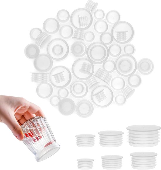 Zes verschillende maten herbruikbare ronde plastic doppen voor zout- en pepermolen, 60 stuks, transparante vervangingssluitingen voor flessen met diameter 11/13/15/17/19/24mm