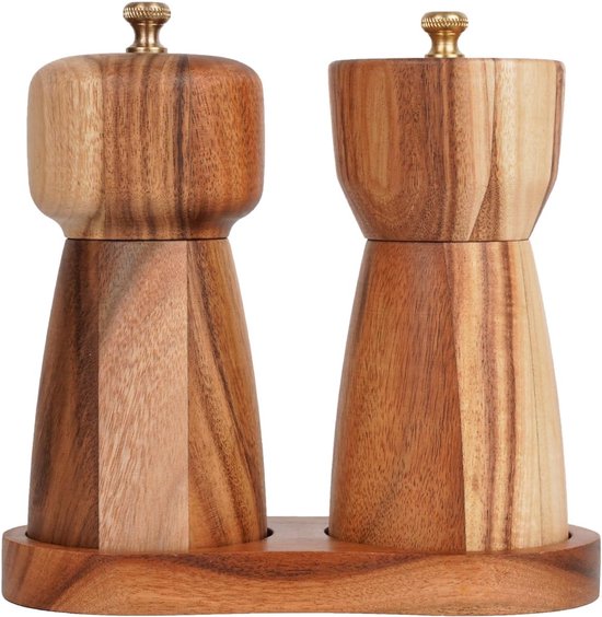 Zout- en pepermolen set met dienblad, verstelbare keramische molen zoutmolen, roestvrijstalen molen pepermolen, acaciahout, 5 inch/14 cm hoogte, onderkant diameter 6 cm (dienblad is
