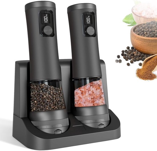 Zoutmolen met Batterijniveau-Indicator en Oplaadbare Opbergbasis, Instelbare Maalgraad en Snelheid voor Perfecte Kruidensmaak in de Keuken
