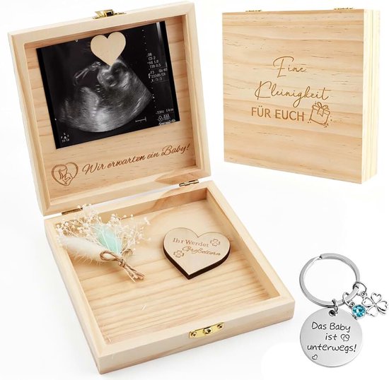 Zwangerschap verkopen met houten doos - je wordt grootouders | Baby aankondiging cadeau voor familie gepersonaliseerde verrassing met klaverblad sleutelhanger (oma & opa)