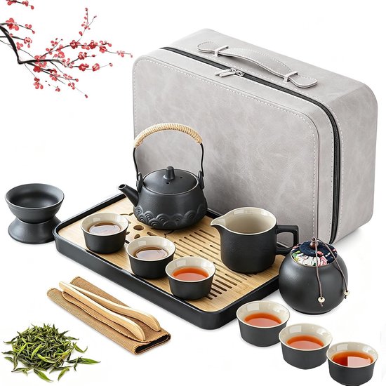 Zwart porseleinen theeservies, 14 stuks draagbare Chinese theeset met theekopjes en dienblad, Japanse theeset, Gongfu theeservies, theepotset, traditioneel porseleinen theeservies