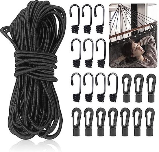 Zwart Spanrubber met Haken - 6mm, 15m - Elastisch Expander voor Auto en Fiets - Bagagespanner en Zeilspanner