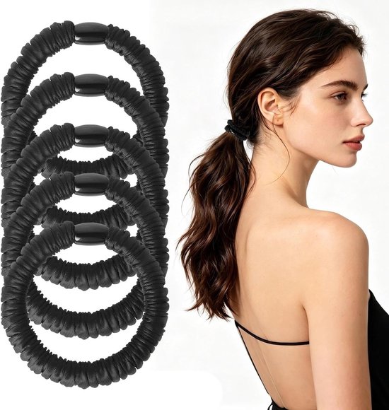 Zwarte satijnen scrunchies, 5 stuks zijden haarelastiekjes voor dames, ideaal voor slapen, sport en dagelijks gebruik