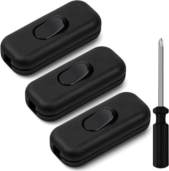 Zwarte torpedo-schakelaar, tweepolige schakelaar, 6 A, 250 V, tweepolige inline schakelaar, kabelschakelaar, voor kleine huishoudelijke apparaten, bureaulampen, bedlampjes, 3 stuks
