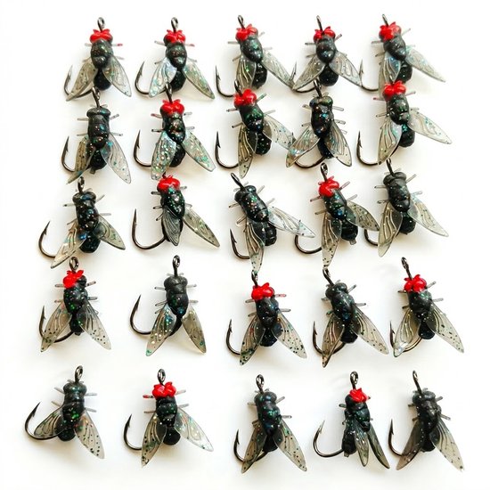 Zwarte vis aas kunstaas vliegen set unisex zachte trolling lure met haken kunstmatige vlieg aas rode kop en transparante vleugels 20 stuks